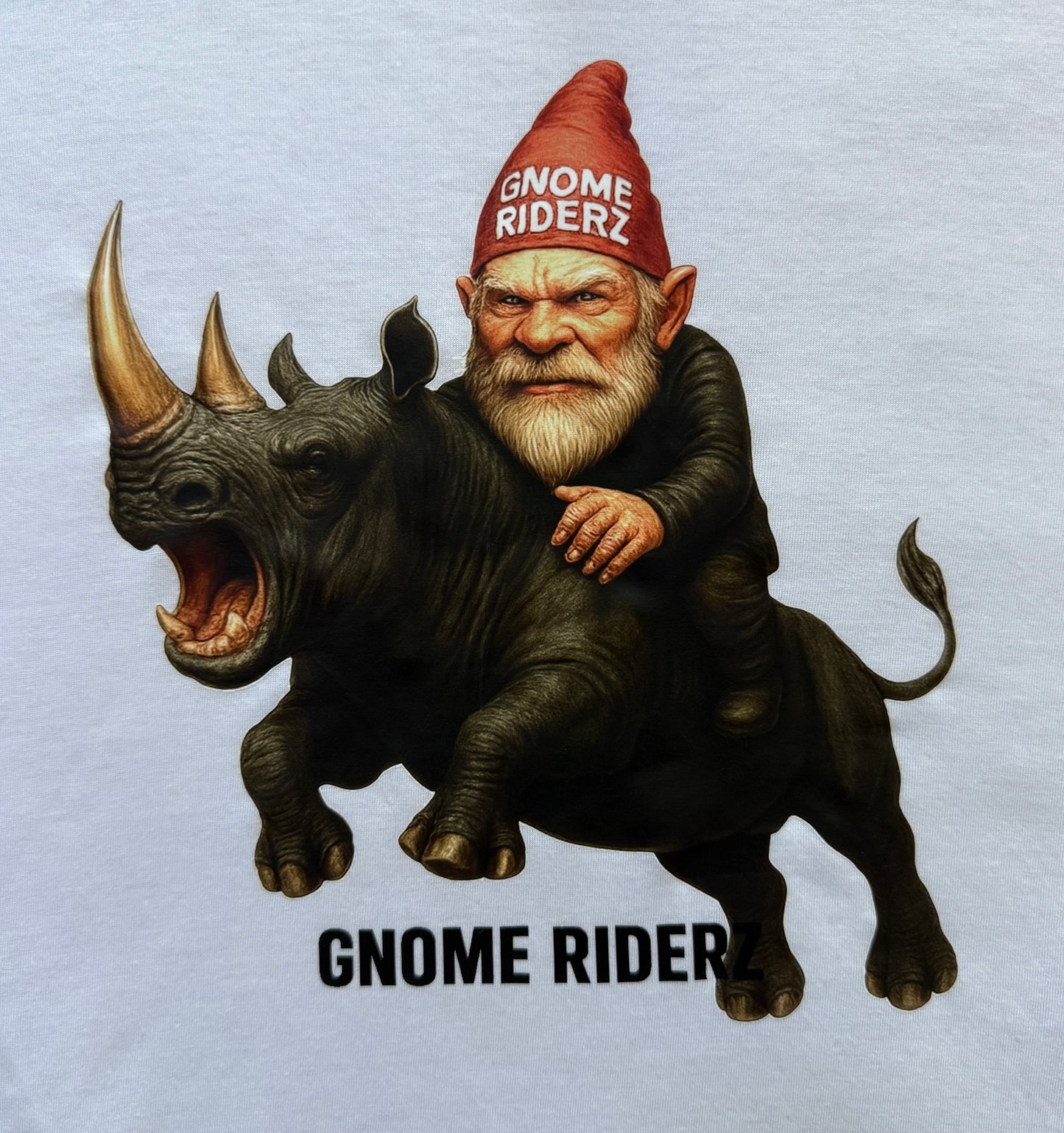 Gnome riding a rhinoceros with 'Gnome Riderz' text on a light gray background