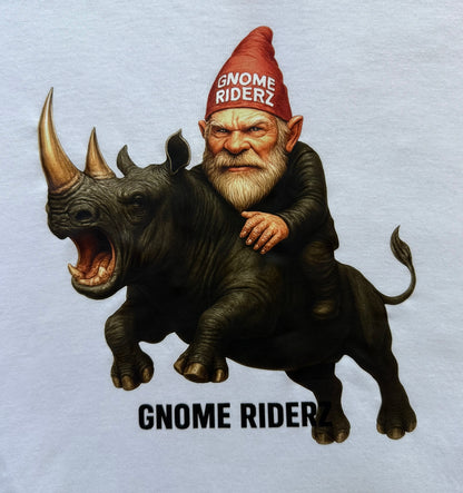 Gnome riding a rhinoceros with 'Gnome Riderz' text on a light gray background