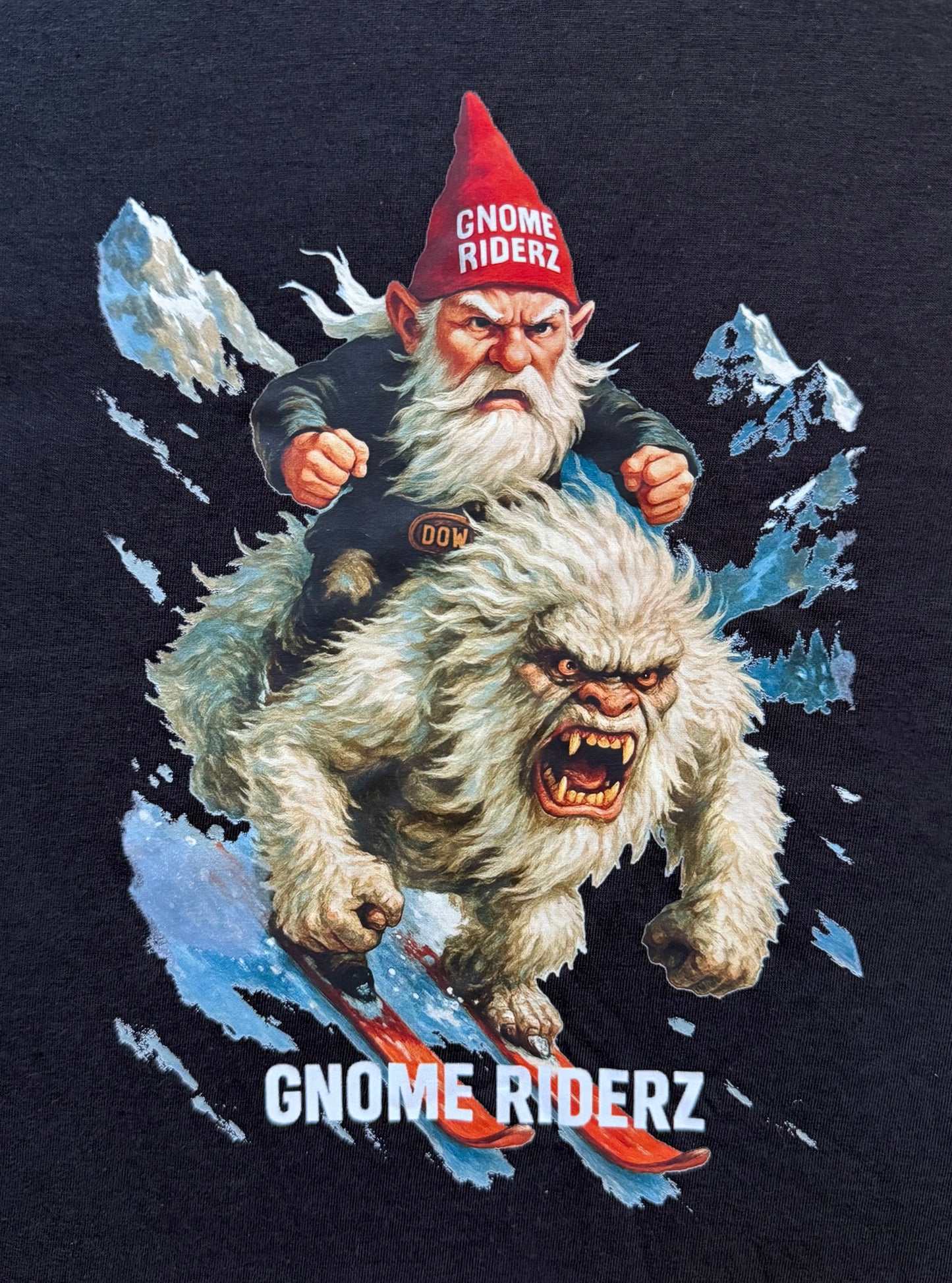 Gnome riding a yeti with 'Gnome Riderz' text on a dark background